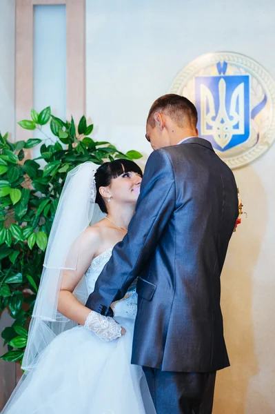 Cerimônia de casamento. Escritório de registo. Um casal recém-casado assina o documento do casamento.Casal jovem assinando documentos do casamento . — Fotografia de Stock