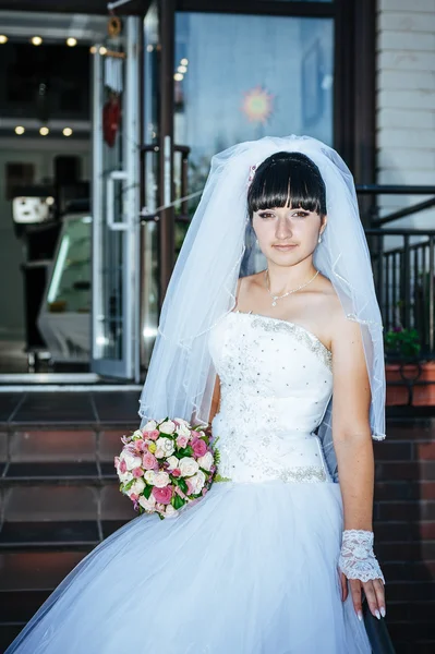 Matrimonio. Giovane dolce sposa tranquilla in classico velo bianco. Ritratto di una bella sposa sorridente — Foto Stock