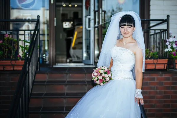 Casamento. Jovem Noiva Suave e Silenciosa no Véu Branco Clássico. Retrato de uma bela noiva sorrindo — Fotografia de Stock