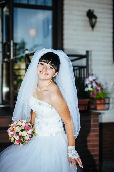 Boda. Joven novia tranquila en velo blanco clásico. Retrato de una hermosa novia sonriendo —  Fotos de Stock