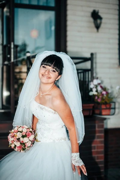 Casamento. Jovem Noiva Suave e Silenciosa no Véu Branco Clássico. Retrato de uma bela noiva sorrindo — Fotografia de Stock