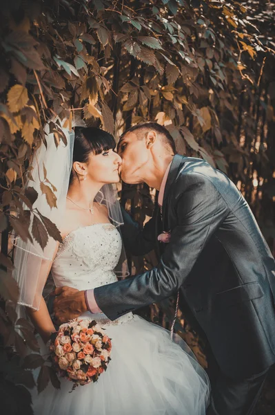 Νύφη και γαμπρός στο περπάτημα σε εξωτερικούς χώρους για την ημέρα του γάμου άνοιξη φύση. νυφικό ζευγάρι, γυναίκα ευτυχισμένη νεόνυμφο και άνθρωπος, αγκαλιάζοντας σε καταπράσινο πάρκο. αγαπώντας το γαμήλιο ζεύγος εξωτερική — Φωτογραφία Αρχείου