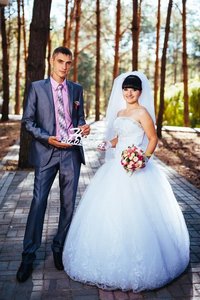 Novia y novio en el día de la boda caminando al aire libre en la naturaleza de primavera. Pareja nupcial, feliz mujer recién casada y hombre abrazándose en el parque verde. Amar pareja de boda al aire libre — Foto de Stock