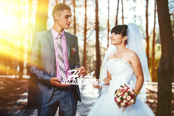 Nevěsty a ženicha na svatební den chůze venku na jarní přírody. Novomanželé, šťastný novomanželský žena a muž objímal v zeleném parku. milující venkovní svatební pár — Stock fotografie