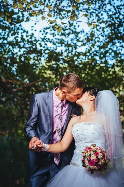 Novia y novio en el día de la boda caminando al aire libre en la naturaleza de primavera. Pareja nupcial, feliz mujer recién casada y hombre abrazándose en el parque verde. Amar pareja de boda al aire libre — Foto de Stock