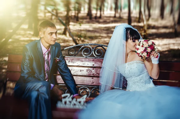 Sposo e Sposo al matrimonio Giorno camminando all'aperto sulla natura primaverile. Coppia di sposi, donna e uomo sposati felici che si abbracciano nel parco verde. Amare coppia di nozze all'aperto — Foto Stock