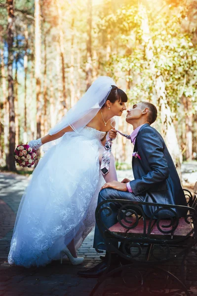 Noiva e noivo no dia do casamento andando ao ar livre na natureza de primavera. Casal nupcial, mulher recém-casada feliz e homem abraçando no parque verde. Casal de amor ao ar livre — Fotografia de Stock