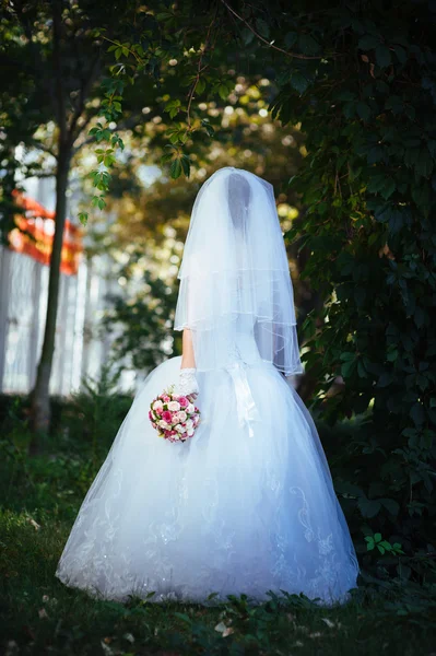 결혼식 날아름다운 신부 포즈를 취하는 모습 — 스톡 사진
