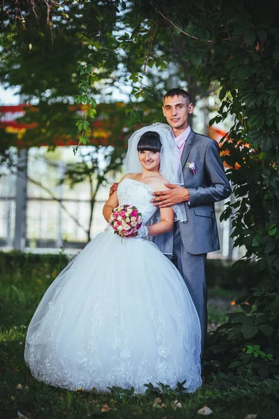 Noiva e noivo no dia do casamento andando ao ar livre na natureza de primavera. Casal nupcial, mulher recém-casada feliz e homem abraçando no parque verde. Casal de amor ao ar livre — Fotografia de Stock