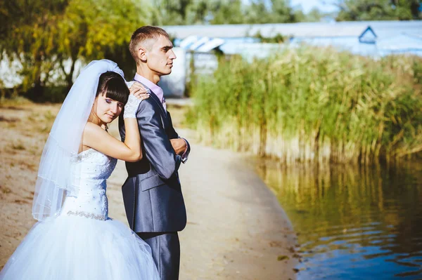 夫婦川ビーチにキスします。リバーショアに屋外を歩く花嫁新郎カップルの結婚式 — ストック写真