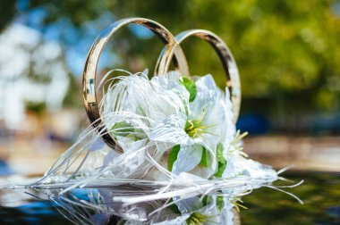 siyah düğün araba beyaz güller ile dekore edilmiştir.