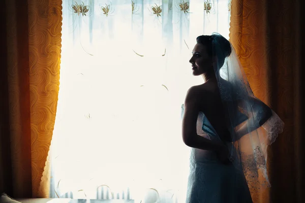 A noiva está a preparar-se. noiva bonita em vestido de noiva branco com penteado e maquiagem brilhante. Menina sexy feliz à espera de noivo. Senhora romântica em vestido de noiva tem preparação final para o casamento — Fotografia de Stock