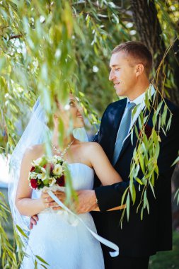 Gelin ve damat, düğün günü açık havada yürüyüş Doğa bahar. mutlu yeni evli kadın ve erkek yeşil park kucaklayan gelin çift. sevgi dolu evlilik çift açık.