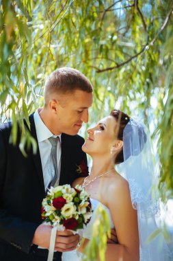 Gelin ve damat, düğün günü açık havada yürüyüş Doğa bahar. mutlu yeni evli kadın ve erkek yeşil park kucaklayan gelin çift. sevgi dolu evlilik çift açık.