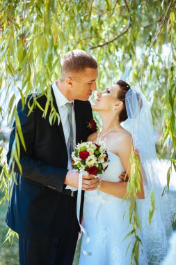 Gelin ve damat, düğün günü açık havada yürüyüş Doğa bahar. mutlu yeni evli kadın ve erkek yeşil park kucaklayan gelin çift. sevgi dolu evlilik çift açık.