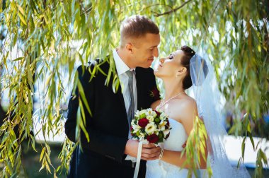 Gelin ve damat, düğün günü açık havada yürüyüş Doğa bahar. mutlu yeni evli kadın ve erkek yeşil park kucaklayan gelin çift. sevgi dolu evlilik çift açık.