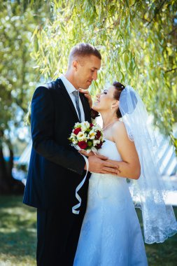 Gelin ve damat, düğün günü açık havada yürüyüş Doğa bahar. mutlu yeni evli kadın ve erkek yeşil park kucaklayan gelin çift. sevgi dolu evlilik çift açık.