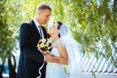 Gelin ve damat, düğün günü açık havada yürüyüş Doğa bahar. mutlu yeni evli kadın ve erkek yeşil park kucaklayan gelin çift. sevgi dolu evlilik çift açık.