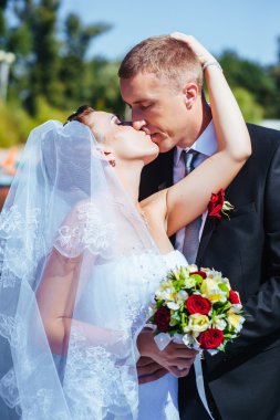 Deniz kenarında bir düğün. Balayı. Gelin ve damat Gölü kıyısına sarılma. damat ve gelin yeşil bir gölde sarılma. Damat ve gelin bir parkta. gelinlik. Gelin düğün buket çiçek.