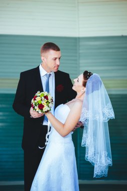 Gelin ve damat, düğün günü açık havada yürüyüş Doğa bahar. mutlu yeni evli kadın ve erkek yeşil park kucaklayan gelin çift. sevgi dolu evlilik çift açık.