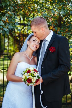 Gelin ve damat, düğün günü açık havada yürüyüş Doğa bahar. mutlu yeni evli kadın ve erkek yeşil park kucaklayan gelin çift. sevgi dolu evlilik çift açık.