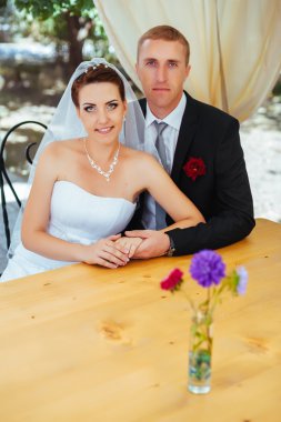 Gelin ve damat parkta süslü Ziyafet masada yaz aylarında poz. Mutluluk ve sevgi bir anın tadını çıkarın. Benim portföy fotoğraf bir dizi