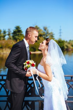 Deniz kenarında bir düğün. Balayı. Gelin ve damat Gölü kıyısına sarılma. damat ve gelin yeşil bir gölde sarılma. Damat ve gelin bir parkta. gelinlik. Gelin düğün buket çiçek.