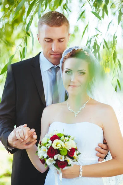 Pengantin wanita dan pengantin pria pada hari pernikahan berjalan di luar ruangan pada musim semi. Pasangan pengantin, Happy pengantin baru dan pria merangkul di taman hijau. Mencintai pasangan di luar ruangan. . — Stok Foto