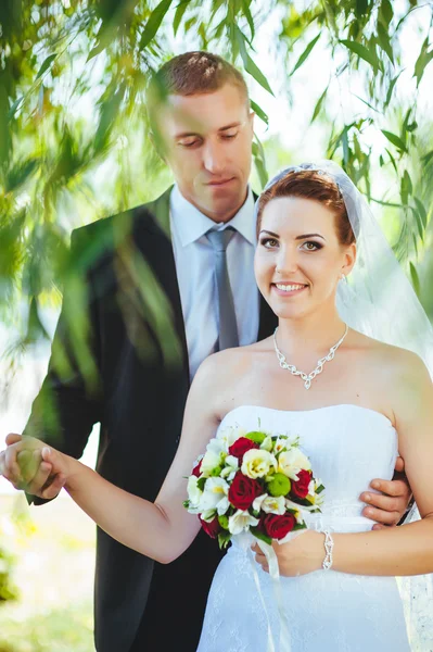 Novia y novio en el día de la boda caminando al aire libre en la naturaleza de primavera. Pareja nupcial, feliz mujer recién casada y hombre abrazándose en el parque verde. Amar pareja de boda al aire libre . — Foto de Stock