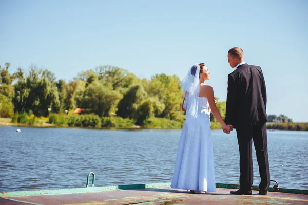 Un matrimonio in riva al mare. Luna di miele. Gli sposi che si abbracciano sulla riva del lago. sposo e sposa abbracciati su un lago verde. Sposo e sposa in un parco. abito da sposa. Bouquet da sposa di fiori . — Foto Stock