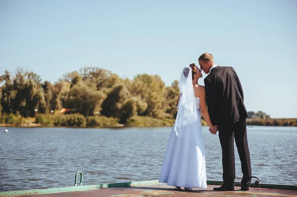 Um casamento à beira-mar. Lua-de-mel. A noiva e o noivo abraçados na margem do lago. noivo e noiva abraçando em um lago verde. O noivo e a noiva num parque. Vestido de noiva. Buquê de casamento nupcial de flores . — Fotografia de Stock