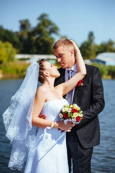 Una boda junto al mar. Luna de miel. La novia y el novio abrazándose en la orilla del lago. novio y novia abrazándose en un lago verde. Novia y novio en un parque. vestido de novia. Ramo de flores de boda nupcial . — Foto de Stock