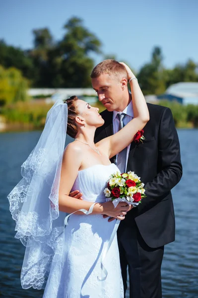 海での結婚式。新婚旅行。湖の岸に抱いて新郎新婦。新郎と新婦の緑湖のハグします。新郎と新婦の公園で。ウェディング ドレス。ブライダル結婚式の花の花束. — ストック写真