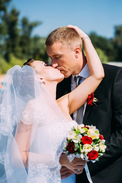 Um casamento à beira-mar. Lua-de-mel. A noiva e o noivo abraçados na margem do lago. noivo e noiva abraçando em um lago verde. O noivo e a noiva num parque. Vestido de noiva. Buquê de casamento nupcial de flores . — Fotografia de Stock