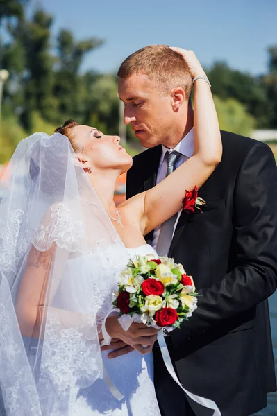 Un matrimonio in riva al mare. Luna di miele. Gli sposi che si abbracciano sulla riva del lago. sposo e sposa abbracciati su un lago verde. Sposo e sposa in un parco. abito da sposa. Bouquet da sposa di fiori . — Foto Stock