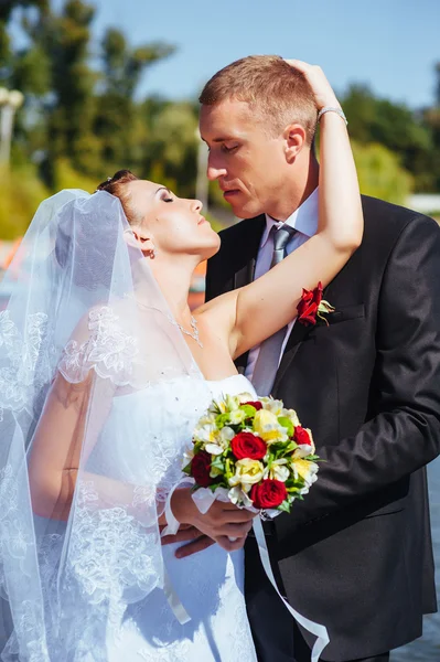 Um casamento à beira-mar. Lua-de-mel. A noiva e o noivo abraçados na margem do lago. noivo e noiva abraçando em um lago verde. O noivo e a noiva num parque. Vestido de noiva. Buquê de casamento nupcial de flores . — Fotografia de Stock