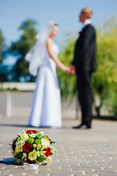 Menyasszony és a vőlegény az esküvő napján a szabadban séta tavasz természet. Nászutas pár, boldog newlywed nő és férfi átfogó zöld parkban. szerető esküvői pár kültéri. — Stock Fotó