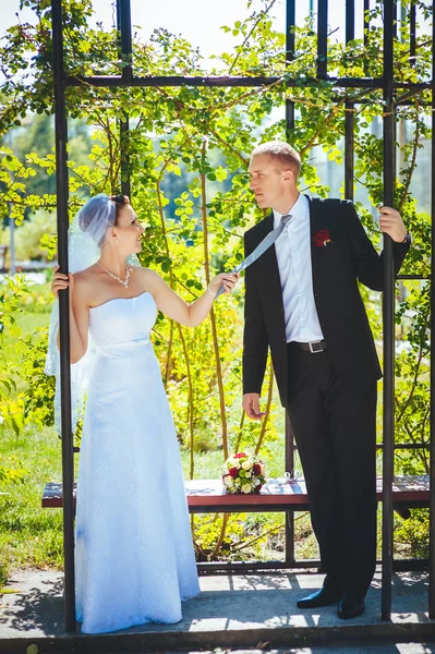 Brudparet på bröllopsdagen promenader utomhus på vår natur. Brudparet, lycklig nygift kvinna och man som omfattar i grön park. kärleksfull bröllop par utomhus. — Stockfoto