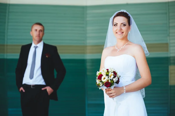 Sposo e Sposo al matrimonio Giorno camminando all'aperto sulla natura primaverile. Coppia di sposi, donna e uomo sposati felici che si abbracciano nel parco verde. Amare coppia di nozze all'aperto . — Foto Stock