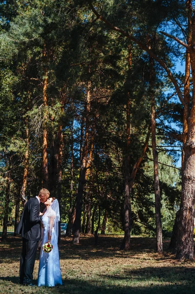 Bruid en bruidegom op huwelijksdag buiten lopen op lente aard. bruidspaar, gelukkig jonggehuwde vrouw en man omarmen in groen park. liefdevolle bruidspaar buiten. — Stockfoto