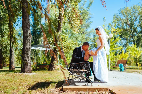 Pengantin wanita dan pengantin pria pada hari pernikahan berjalan di luar ruangan pada musim semi. Pasangan pengantin, Happy pengantin baru dan pria merangkul di taman hijau. Mencintai pasangan di luar ruangan. . — Stok Foto