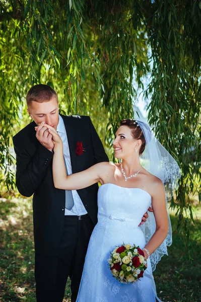 Bride and Groom at wedding Day walking Outdoors on spring nature. Bridal couple, Happy Newlywed woman and man embracing in green park. Loving wedding couple outdoor. — Stock Photo, Image