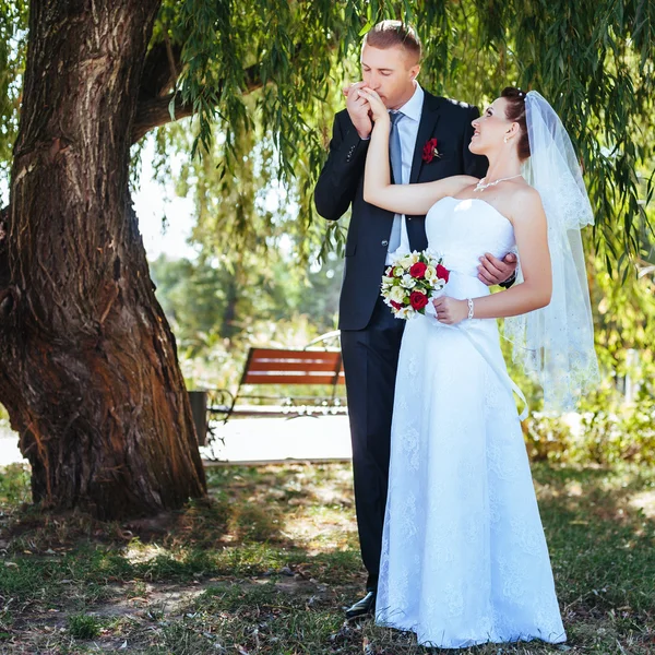 Nevěsty a ženicha na svatební den chůze venku na jarní přírody. Novomanželé, šťastný novomanželský žena a muž objímal v zeleném parku. milující venkovní svatební pár. — Stock fotografie