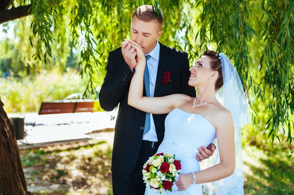 Novia y novio en el día de la boda caminando al aire libre en la naturaleza de primavera. Pareja nupcial, feliz mujer recién casada y hombre abrazándose en el parque verde. Amar pareja de boda al aire libre . — Foto de Stock