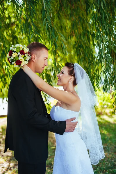 Brudparet på bröllopsdagen promenader utomhus på vår natur. Brudparet, lycklig nygift kvinna och man som omfattar i grön park. kärleksfull bröllop par utomhus. — Stockfoto