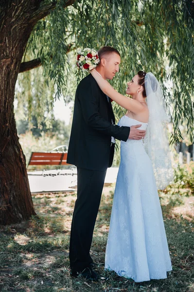 Brudparet på bröllopsdagen promenader utomhus på vår natur. Brudparet, lycklig nygift kvinna och man som omfattar i grön park. kärleksfull bröllop par utomhus. — Stockfoto