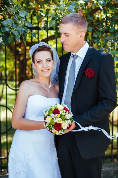 Novia y novio en el día de la boda caminando al aire libre en la naturaleza de primavera. Pareja nupcial, feliz mujer recién casada y hombre abrazándose en el parque verde. Amar pareja de boda al aire libre . — Foto de Stock