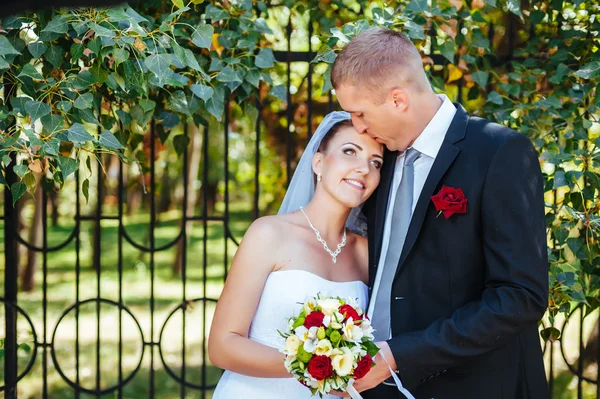 Novia y novio en el día de la boda caminando al aire libre en la naturaleza de primavera. Pareja nupcial, feliz mujer recién casada y hombre abrazándose en el parque verde. Amar pareja de boda al aire libre . — Foto de Stock