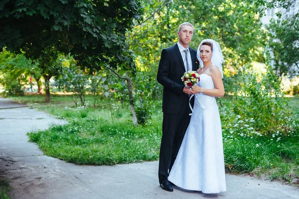 Novia y novio en el día de la boda caminando al aire libre en la naturaleza de primavera. Pareja nupcial, feliz mujer recién casada y hombre abrazándose en el parque verde. Amar pareja de boda al aire libre . —  Fotos de Stock