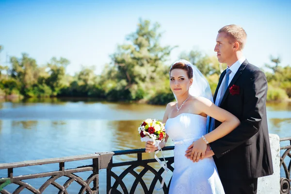 Una boda junto al mar. Luna de miel. La novia y el novio abrazándose en la orilla del lago. novio y novia abrazándose en un lago verde. Novia y novio en un parque. vestido de novia. Ramo de flores de boda nupcial . —  Fotos de Stock